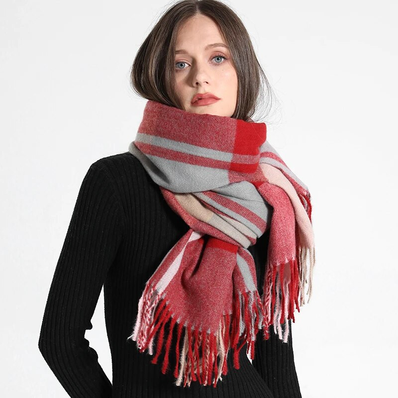 Novi zeleni karirani šal Ženski simulirani kašmir Topli dugi šal Zimski šareni karirani šal Modni debeli šal deka s resicama