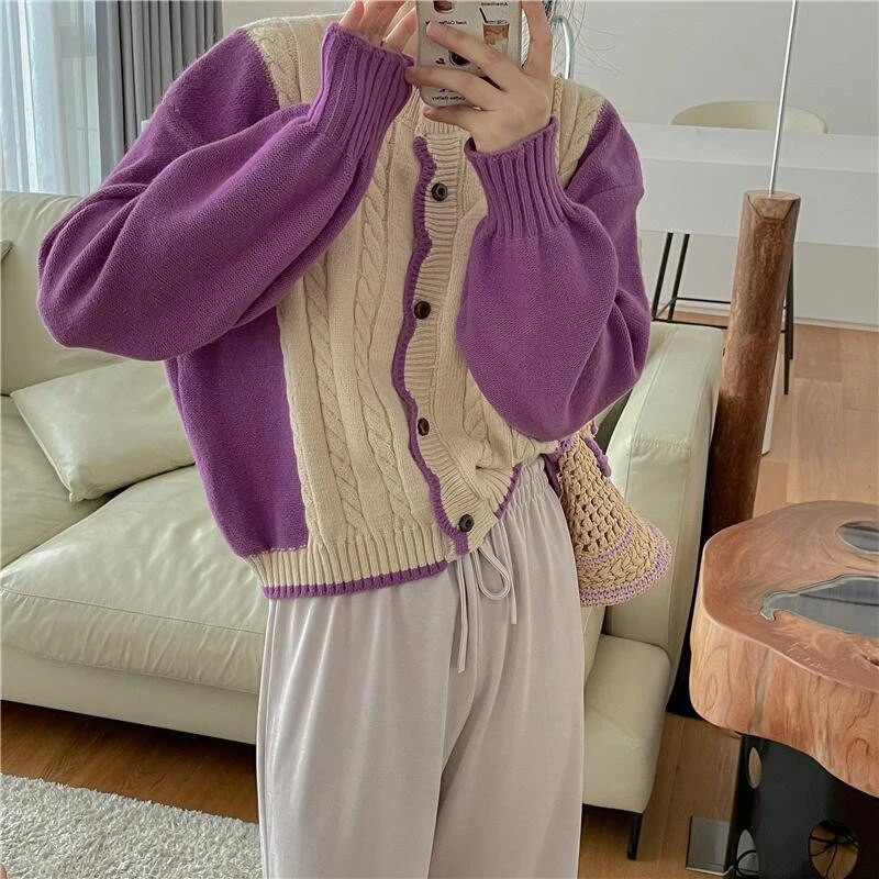 MEXZT Streetwear Pleteni kardigan Ženski patchwork skraćeni džemper Kaput Korejska pletena odjeća Jakne Ležerne Harajuku džemperi Outwear