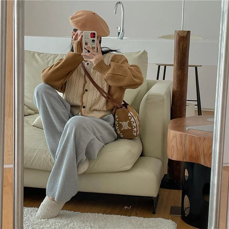 MEXZT Streetwear Pleteni kardigan Ženski patchwork skraćeni džemper Kaput Korejska pletena odjeća Jakne Ležerne Harajuku džemperi Outwear