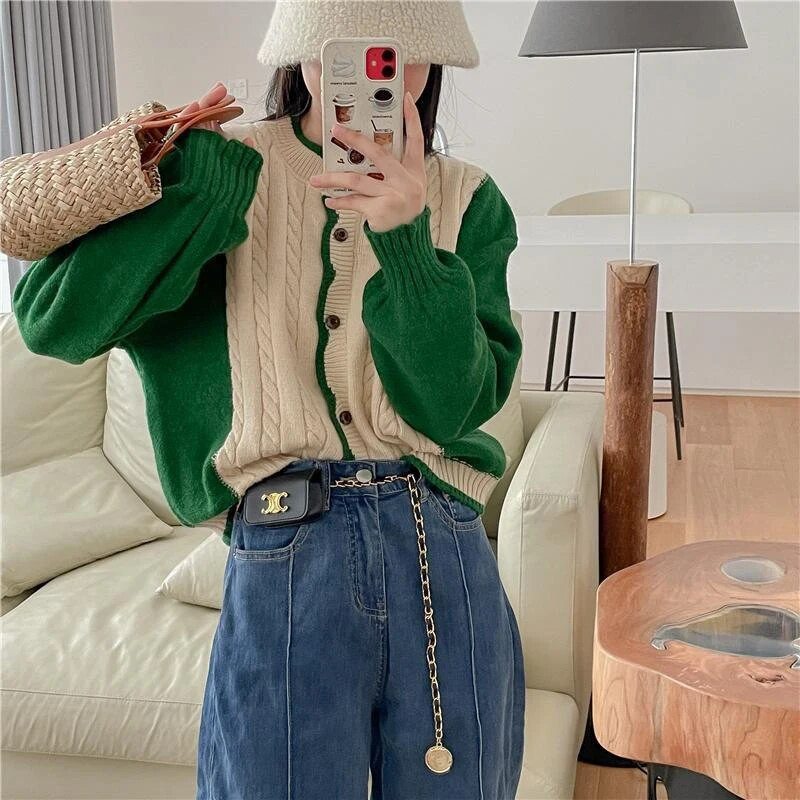 MEXZT Streetwear Pleteni kardigan Ženski patchwork skraćeni džemper Kaput Korejska pletena odjeća Jakne Ležerne Harajuku džemperi Outwear