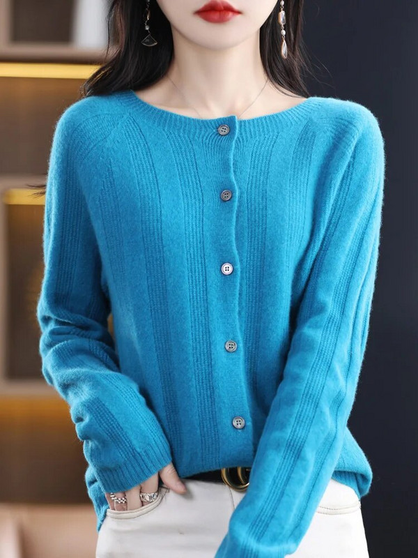 Jesen Zima Džemper od 100% merino vune za žene Pleteni kaput od kašmira na pruge s O izrezom Odjeća u korejskom stilu Basic Top