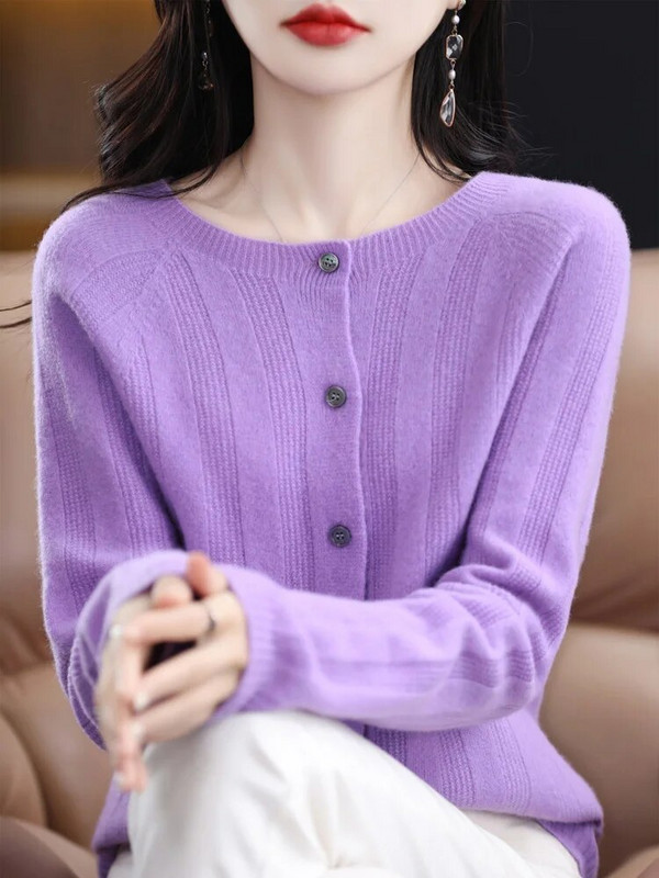 Jesen Zima Džemper od 100% merino vune za žene Pleteni kaput od kašmira na pruge s O izrezom Odjeća u korejskom stilu Basic Top