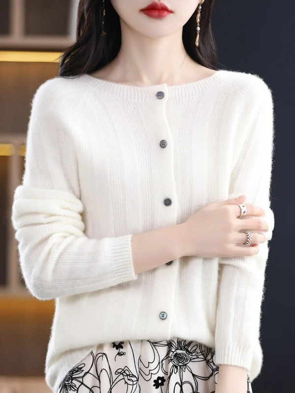 Jesen Zima Džemper od 100% merino vune za žene Pleteni kaput od kašmira na pruge s O izrezom Odjeća u korejskom stilu Basic Top