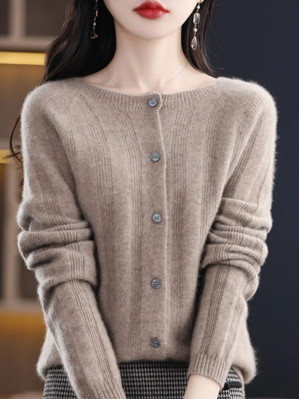 Jesen Zima Džemper od 100% merino vune za žene Pleteni kaput od kašmira na pruge s O izrezom Odjeća u korejskom stilu Basic Top