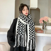 2022 új téli, vastag, meleg kasmír sál női/divatos vad sakktábla pashmina kötött sálak nagy bojtok