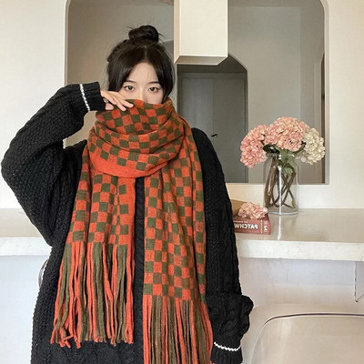 2022 új téli, vastag, meleg kasmír sál női/divatos vad sakktábla pashmina kötött sálak nagy bojtok