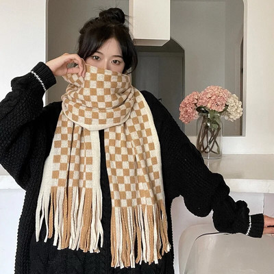 2022 új téli, vastag, meleg kasmír sál női/divatos vad sakktábla pashmina kötött sálak nagy bojtok