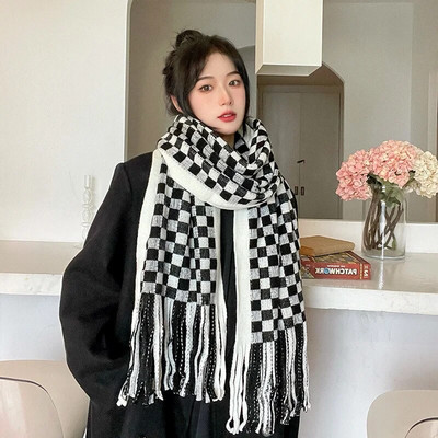 2022 új téli, vastag, meleg kasmír sál női/divatos vad sakktábla pashmina kötött sálak nagy bojtok