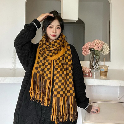 2022 új téli, vastag, meleg kasmír sál női/divatos vad sakktábla pashmina kötött sálak nagy bojtok