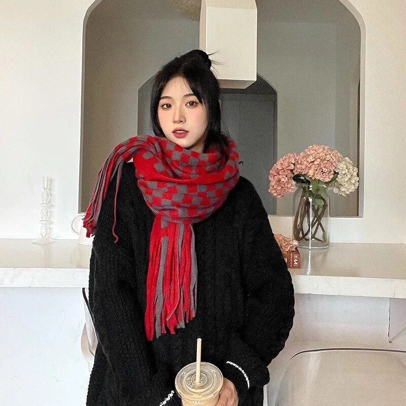 2022 új téli, vastag, meleg kasmír sál női/divatos vad sakktábla pashmina kötött sálak nagy bojtok