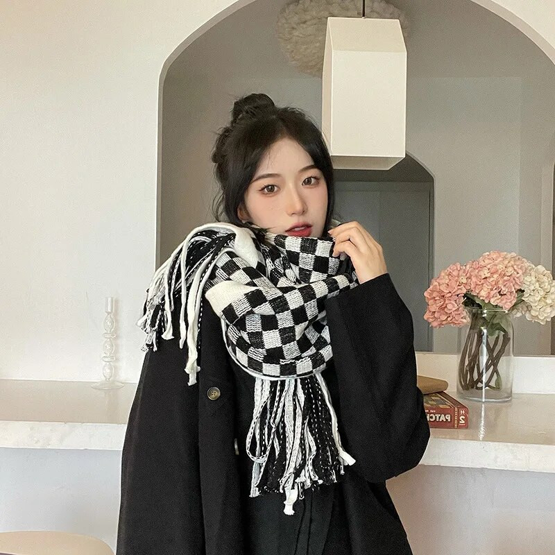 2022 új téli, vastag, meleg kasmír sál női/divatos vad sakktábla pashmina kötött sálak nagy bojtok