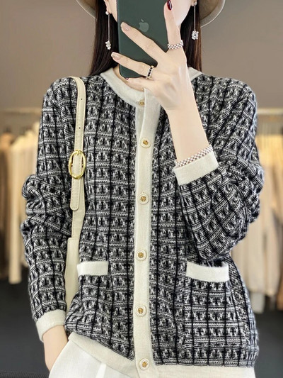 Novi modni pulover od 100% merino vune, ženski kardigani s O-izrezom, višebojni dugi rukavi, pletenina od kašmira, uredski ženski kaput