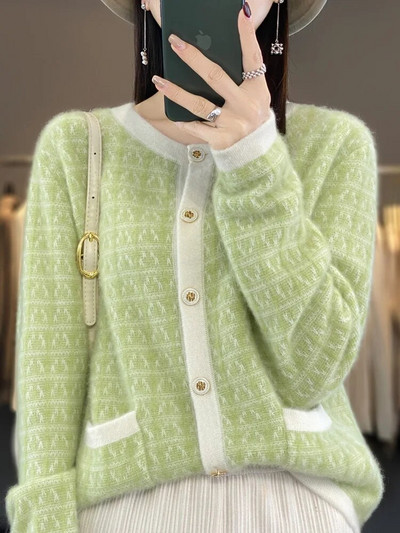 Novi modni pulover od 100% merino vune, ženski kardigani s O-izrezom, višebojni dugi rukavi, pletenina od kašmira, uredski ženski kaput