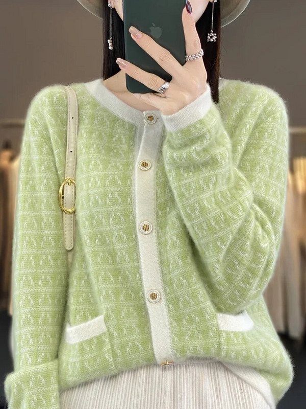 Novi modni pulover od 100% merino vune, ženski kardigani s O-izrezom, višebojni dugi rukavi, pletenina od kašmira, uredski ženski kaput