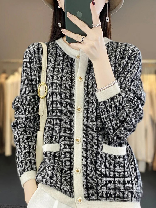 Novi modni pulover od 100% merino vune, ženski kardigani s O-izrezom, višebojni dugi rukavi, pletenina od kašmira, uredski ženski kaput