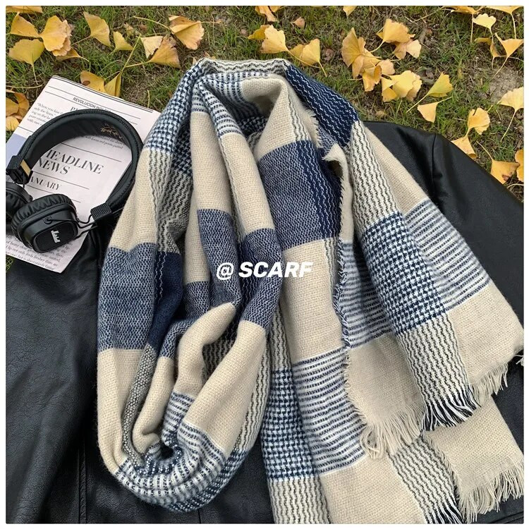 Karirani šal od kašmira Ženski zimski šal Vuneni pleteni korejski topli šal na pruge za par U šalovima za muškarce Žene
