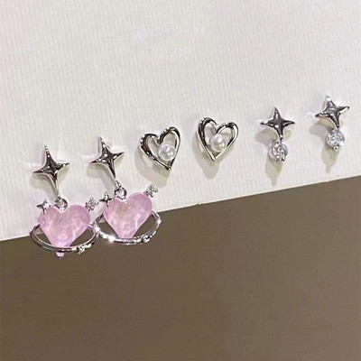 6Pcs/Set Heart Stud Naušnice Ženska osobnost Korejska moda Y2K Pink Crystal Temperament Star Naušnice Piercing za uši