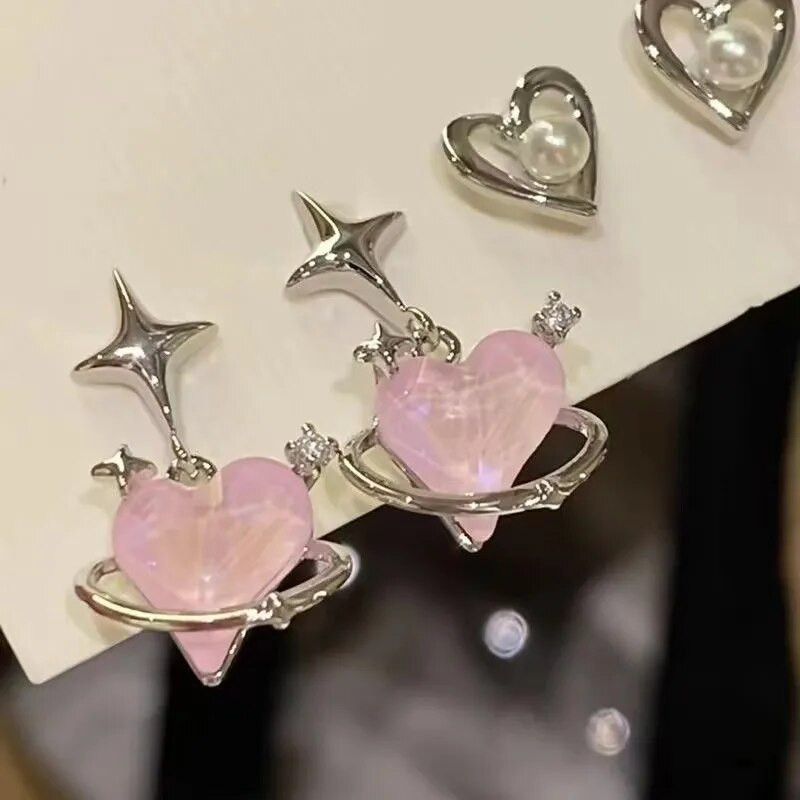 6Pcs/Set Heart Stud Naušnice Ženska osobnost Korejska moda Y2K Pink Crystal Temperament Star Naušnice Piercing za uši