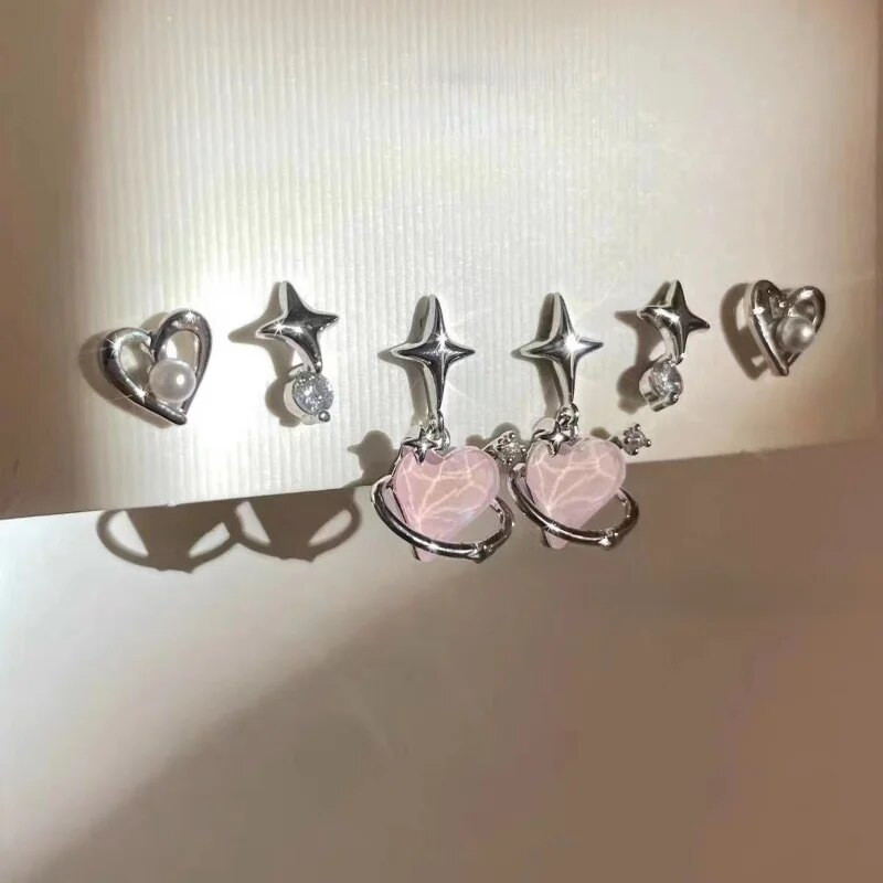 6Pcs/Set Heart Stud Naušnice Ženska osobnost Korejska moda Y2K Pink Crystal Temperament Star Naušnice Piercing za uši