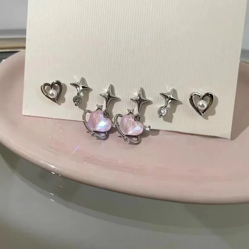 6Pcs/Set Heart Stud Naušnice Ženska osobnost Korejska moda Y2K Pink Crystal Temperament Star Naušnice Piercing za uši