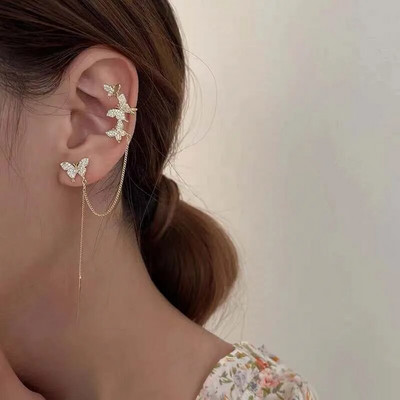 Novi dolazak Sjajni kristalni leptir naušnice s kopčom za uši za žene Modni lanac s resicama Naušnice s nitnama u obliku cvijeta Vjenčani nakit