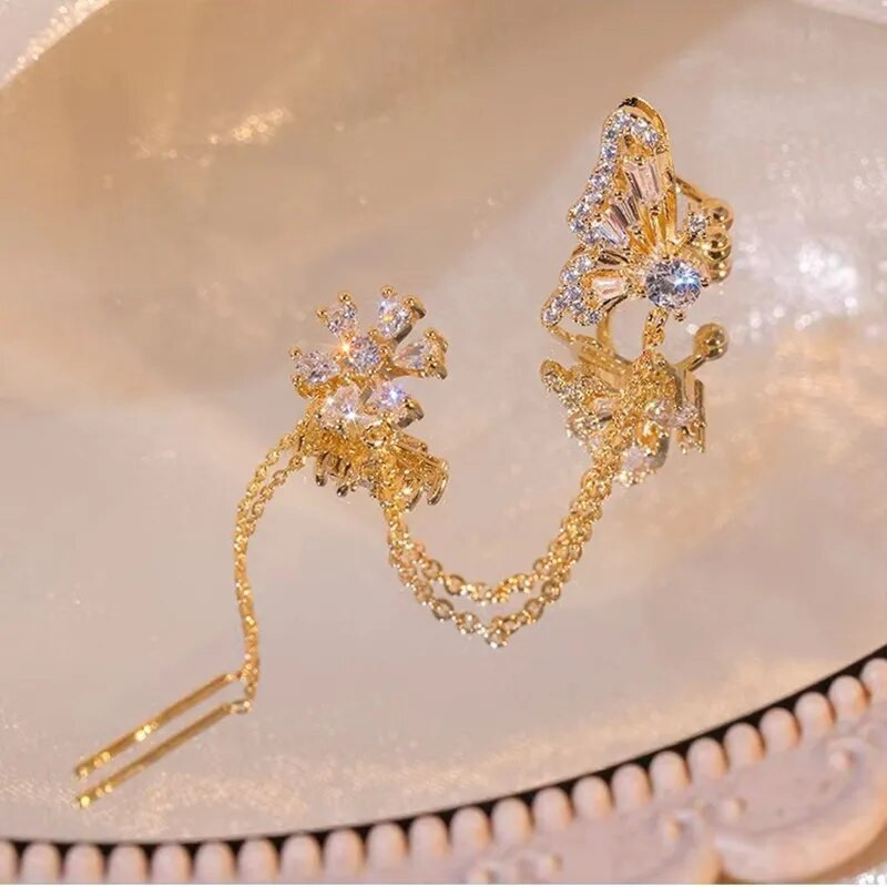 Novi dolazak Sjajni kristalni leptir naušnice s kopčom za uši za žene Modni lanac s resicama Naušnice s nitnama u obliku cvijeta Vjenčani nakit