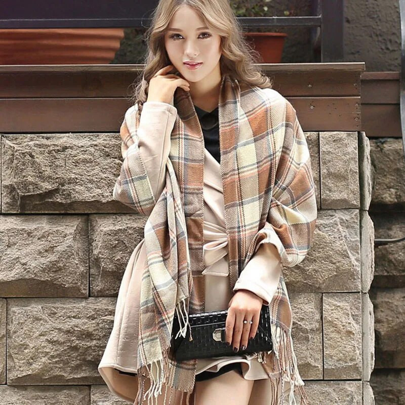 Karirani dugi šal, zima, topao kašmir, žene, pašmina, bandana šalovi, luksuzni ženski šal s resicama, 2021. Novo