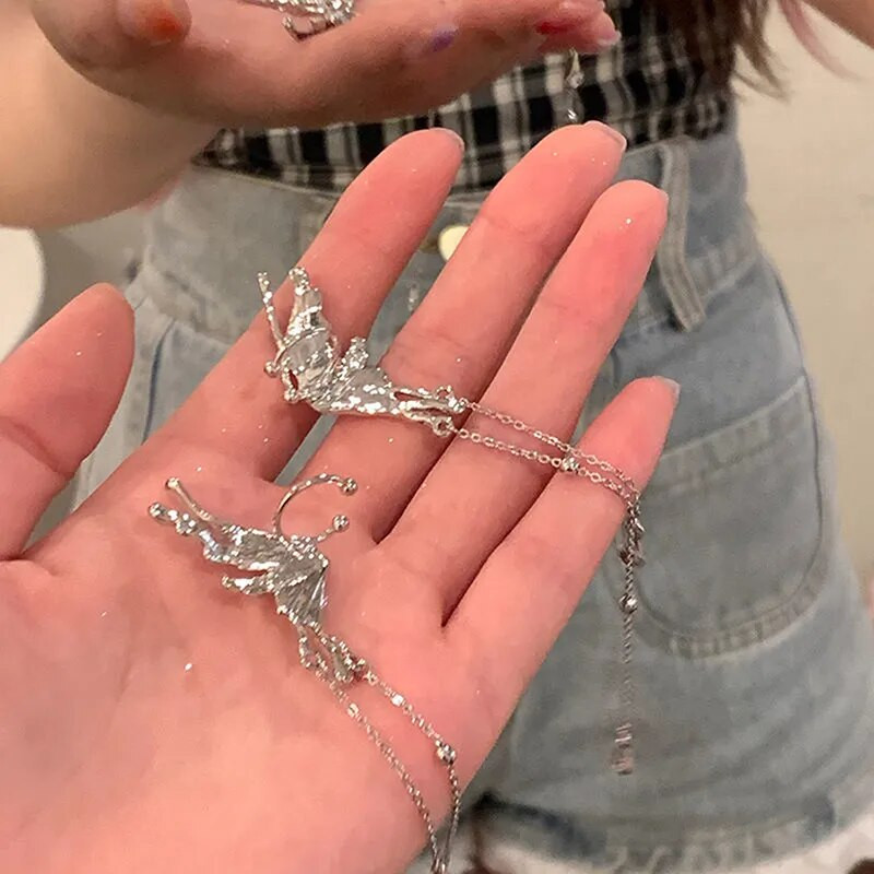 Y2K kvačice za uho s vilinskim leptirom i anđeličkom kopčom za ušnu kost Naušnica vilenjak Ženska naušnica bez rupe za uho Viseća naušnica Modni nakit