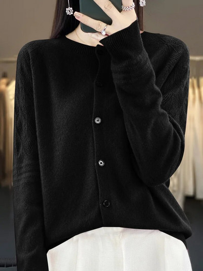 Jesen Zima Ženski kardigan s O-izrezom Grace 100% merino vuneni pulover dugih rukava Pletiva od kašmira Ženska gornja odjeća