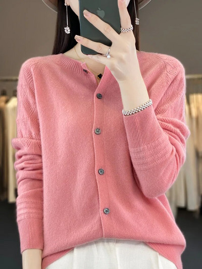 Jesen Zima Ženski kardigan s O-izrezom Grace 100% merino vuneni pulover dugih rukava Pletiva od kašmira Ženska gornja odjeća