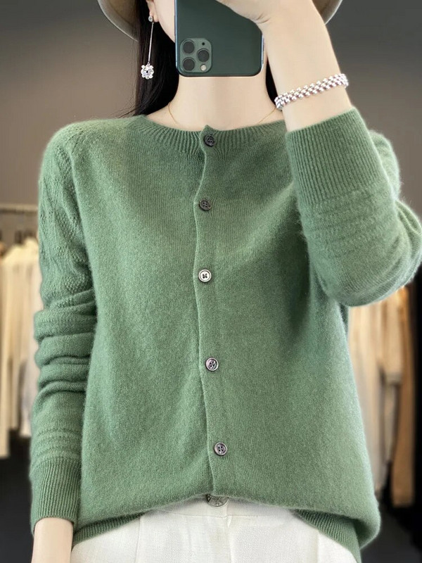 Jesen Zima Ženski kardigan s O-izrezom Grace 100% merino vuneni pulover dugih rukava Pletiva od kašmira Ženska gornja odjeća