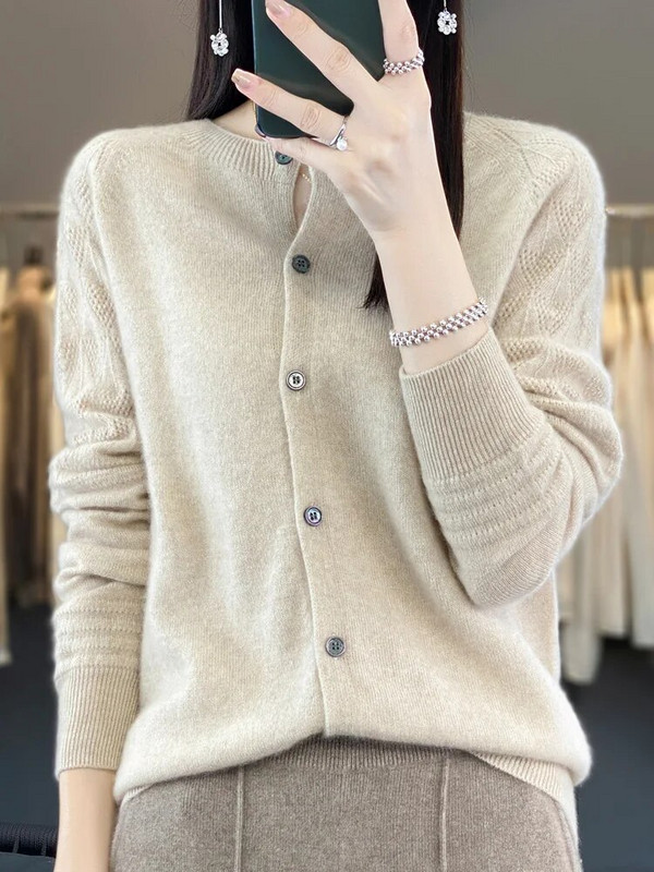 Jesen Zima Ženski kardigan s O-izrezom Grace 100% merino vuneni pulover dugih rukava Pletiva od kašmira Ženska gornja odjeća