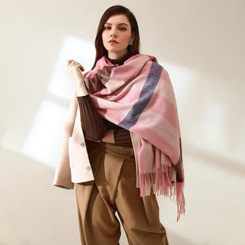 Луксозен марков плетен шал от кашмирен кариран шал за жени с щампи с цветни пискюли Зимни топли шалове от пашмина Обвивки 2022 г.