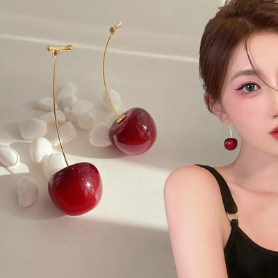 Аксесоари за жени Червени черешови обеци за жени Плодове Изявление Висящи обеци Сватбено парти Корейски бижута Подарък Mujer