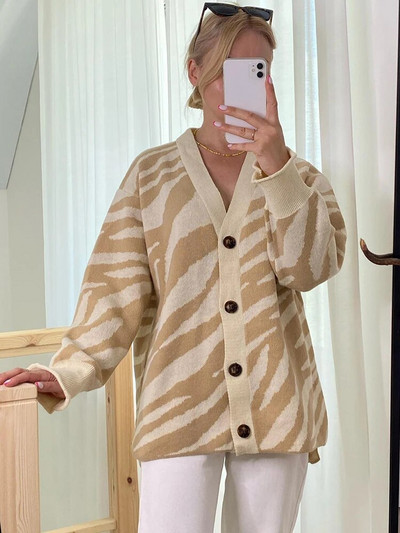 Bež zimski ženski kardigani s uzorkom na gumb Zeleni debeli topli džemper s printom Vintage pleteni preveliki kardigan za žene
