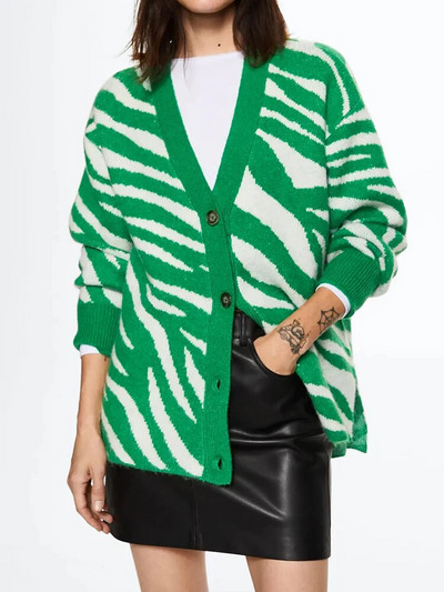 Bež zimski ženski kardigani s uzorkom na gumb Zeleni debeli topli džemper s printom Vintage pleteni preveliki kardigan za žene