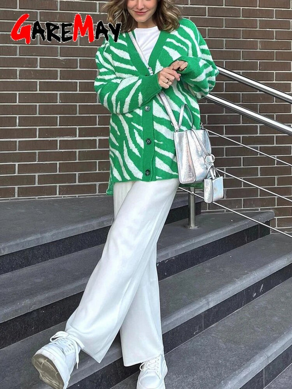 Bež zimski ženski kardigani s uzorkom na gumb Zeleni debeli topli džemper s printom Vintage pleteni preveliki kardigan za žene