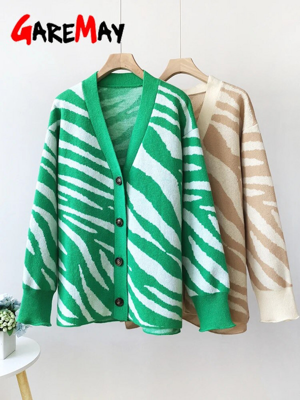 Bež zimski ženski kardigani s uzorkom na gumb Zeleni debeli topli džemper s printom Vintage pleteni preveliki kardigan za žene