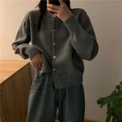 Ženski kardigan, jednobojni okrugli izrez, retro osnovni džemper, pleteni Harajuku dugih rukava široka gornja odjeća Chic, ležerna dnevna jesen