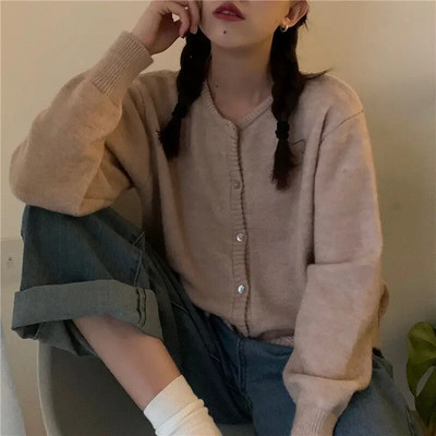 Ženski kardigan, jednobojni okrugli izrez, retro osnovni džemper, pleteni Harajuku dugih rukava široka gornja odjeća Chic, ležerna dnevna jesen