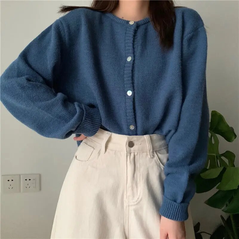 Ženski kardigan, jednobojni okrugli izrez, retro osnovni džemper, pleteni Harajuku dugih rukava široka gornja odjeća Chic, ležerna dnevna jesen