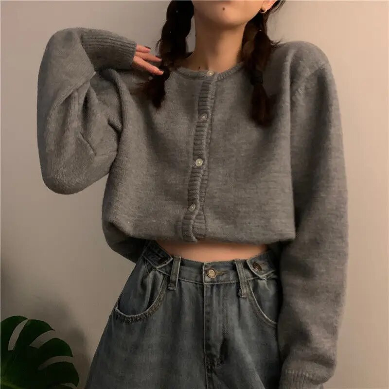 Ženski kardigan, jednobojni okrugli izrez, retro osnovni džemper, pleteni Harajuku dugih rukava široka gornja odjeća Chic, ležerna dnevna jesen