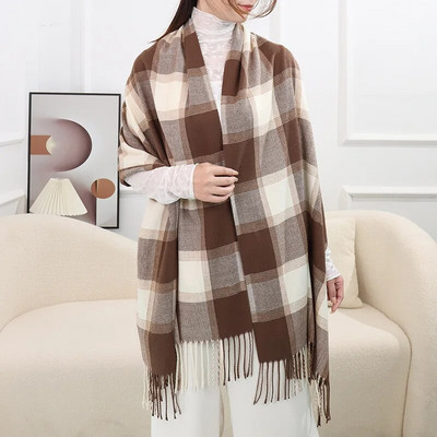 Zimski kašmirski klasični rešetkasti šal šal za žene Modni luksuzni rešetkasti pašmini dugi, debeli, topli veliki šalovi s resicama