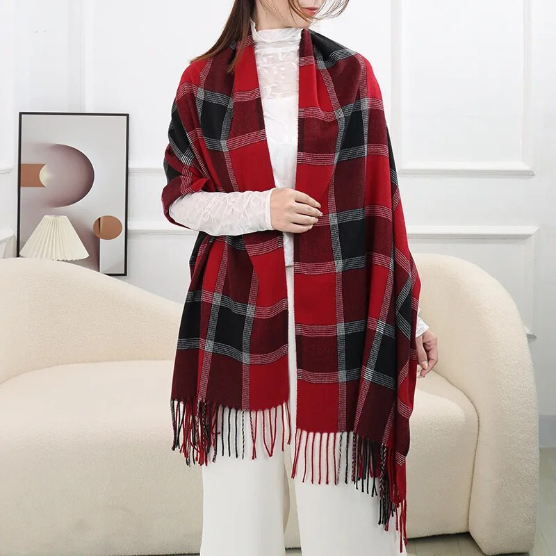 Zimski kašmirski klasični rešetkasti šal šal za žene Modni luksuzni rešetkasti pašmini dugi, debeli, topli veliki šalovi s resicama