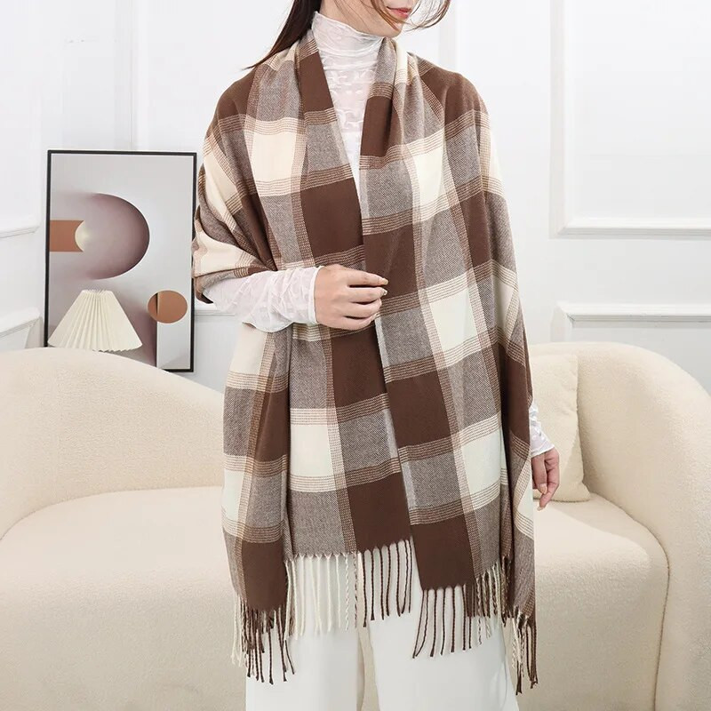 Zimski kašmirski klasični rešetkasti šal šal za žene Modni luksuzni rešetkasti pašmini dugi, debeli, topli veliki šalovi s resicama