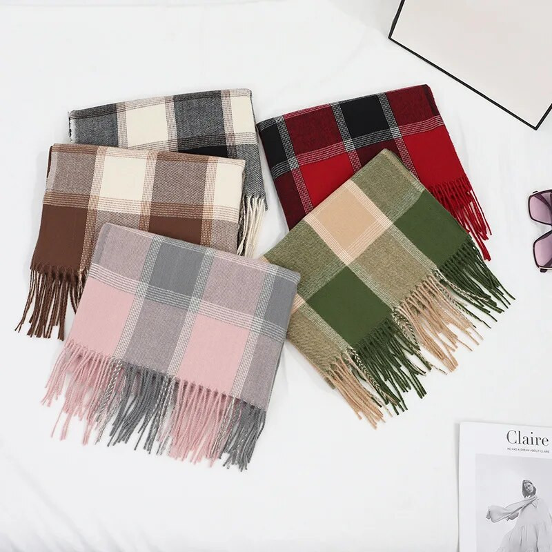 Zimski kašmirski klasični rešetkasti šal šal za žene Modni luksuzni rešetkasti pašmini dugi, debeli, topli veliki šalovi s resicama