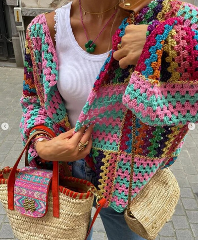 Heklani prugasti pleteni šareni džemper otvorenog uboda Vintage široki kardigani dugih rukava Ženska jesenska moda Ležerna ulična odjeća