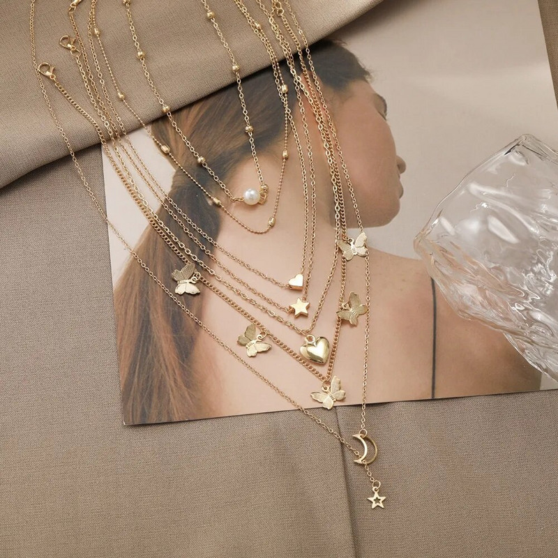 6 gab Kaklarota Eiropas un Amerikas vienkārša temperamenta jauka atmosfēra Star Moon populārs sieviešu kaklarotas komplekts