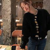 MEXZT melns trikotāžas jaciņš, sieviešu ielas apģērbs, elegants pogas, apgriezts džemperis, vintage korejiešu rudens ziemas plāns, ikdienas džemperi, mētelis