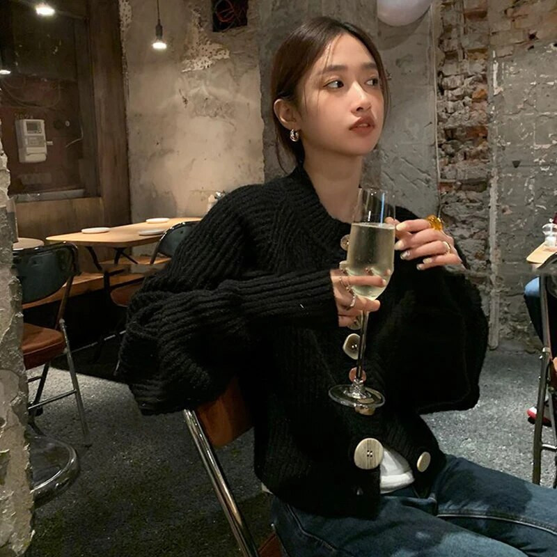 MEXZT melns trikotāžas jaciņš, sieviešu ielas apģērbs, elegants pogas, apgriezts džemperis, vintage korejiešu rudens ziemas plāns, ikdienas džemperi, mētelis